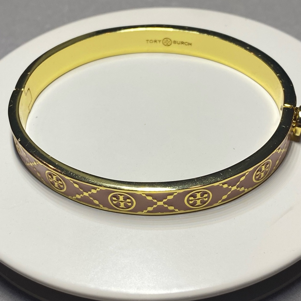 Gold and Baby Pink  Enamel Bangle Bracelet - Picture 4 of 7